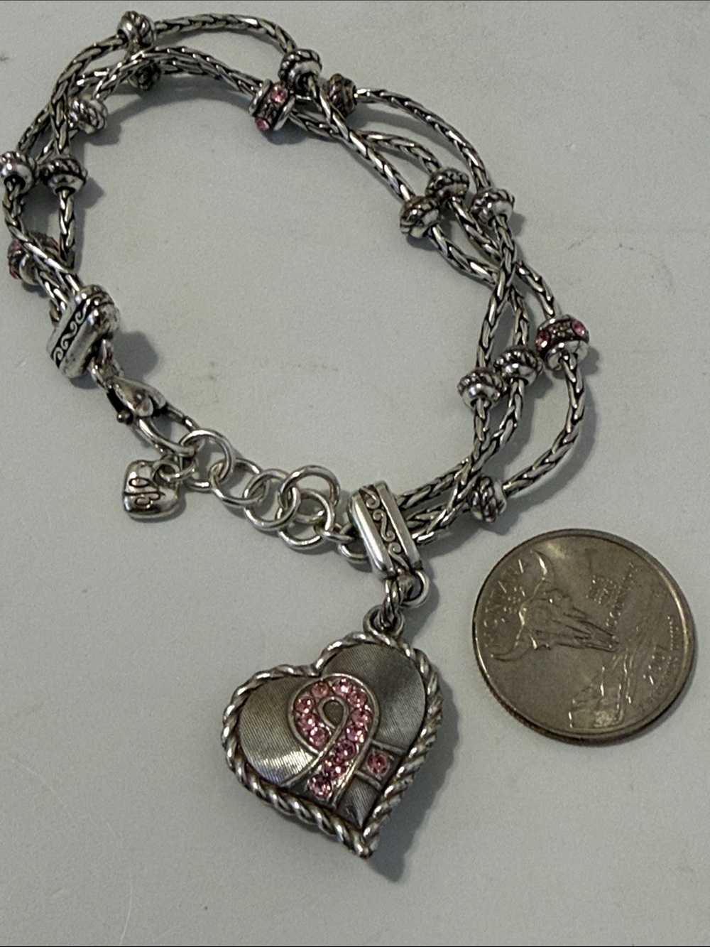BRIGHTON Silver-Tone Heart Pendant Necklace with Pink Crystal Accents